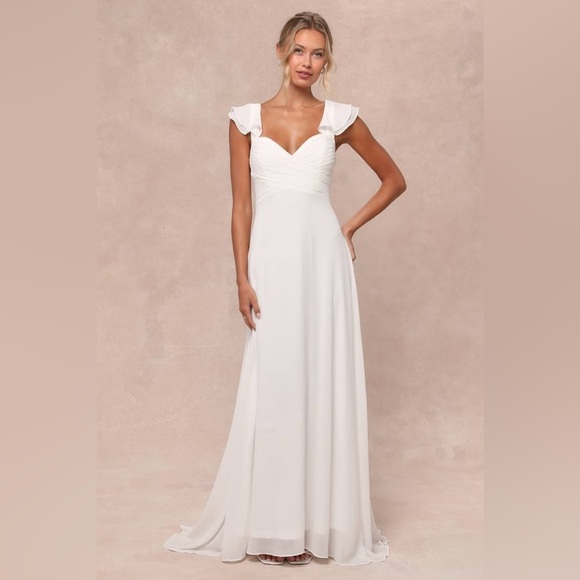 LULU’S Heavenly Romance White Pleated Flutter Sleeve Lace Up Maxi Dress - Picture 5 of 6